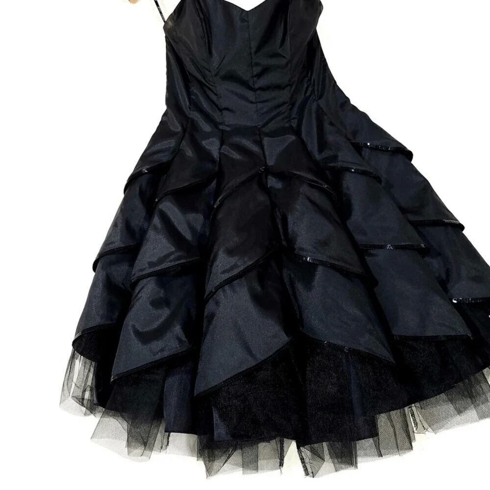 NEW Betsey Johnson Dahlia Whimsigoth Ruffle Tier Mini Dress Sequin Black Satin 8 - Picture 5 of 11